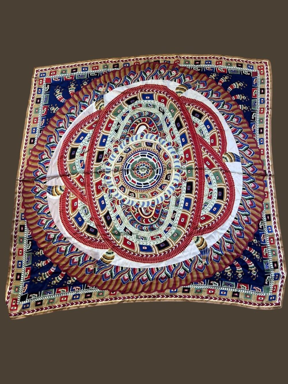 Silk Square Scarf Medallion Print Burgundy Navy Gold Cream 36" x 36"